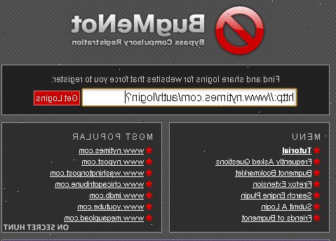 Sådan undgår registrering i en hjemmeside ved hjælp BugMeNot. Kopier og indsæt URL-adressen på den begrænsede hjemmeside i bug mig ikke.